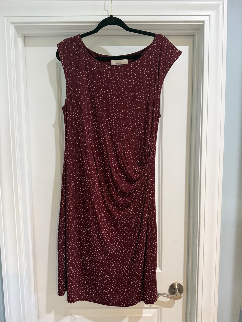 LOFT Burgundy Printed Cap-Sleeve Draped Midi Dress
